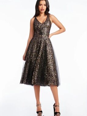 NWT | DRESS THE POPULATION Courtney Sequin Midi Dress Pewter Multi Size XXL